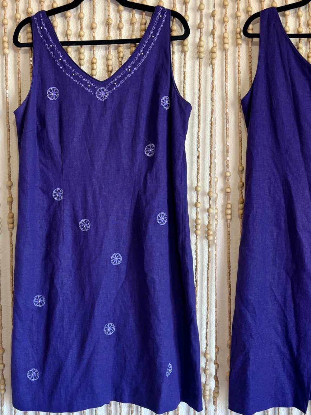 Vintage Linen Purple Floral Embroidered Beaded Boho Feminine Artsy Casual Midi